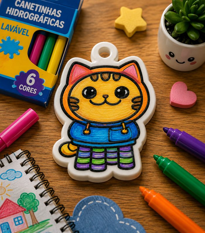 Gatinho de macacão colorida com canetinhas hidrográficas