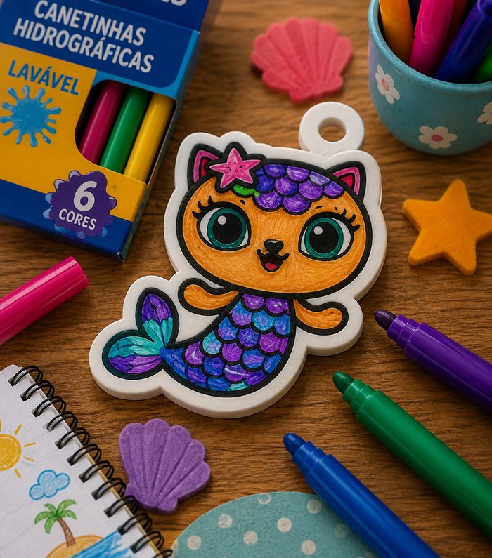 Gatinha sereia colorida com canetinhas hidrográficas